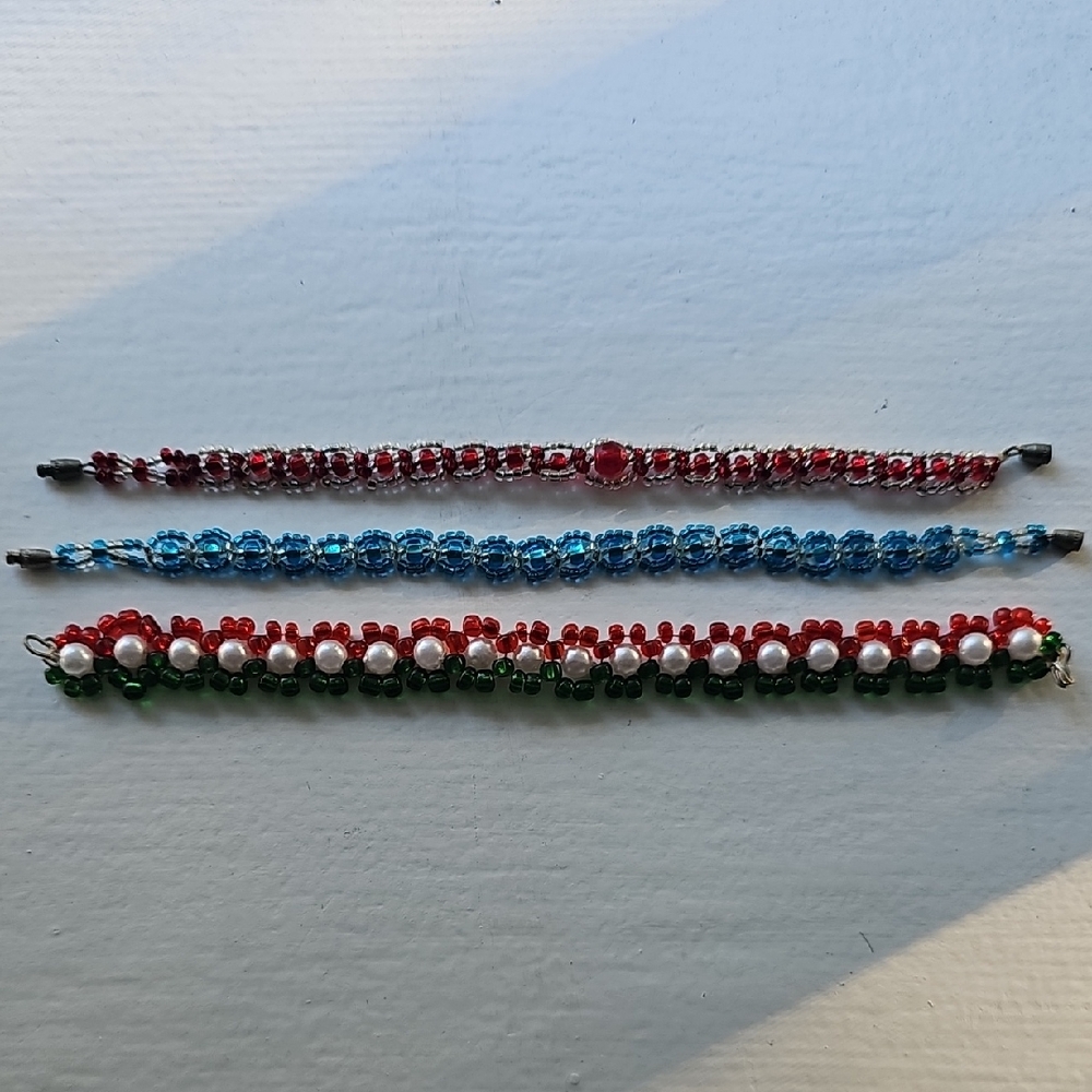 Elegant Beaded Bracelets Set - Red, Blue, Green